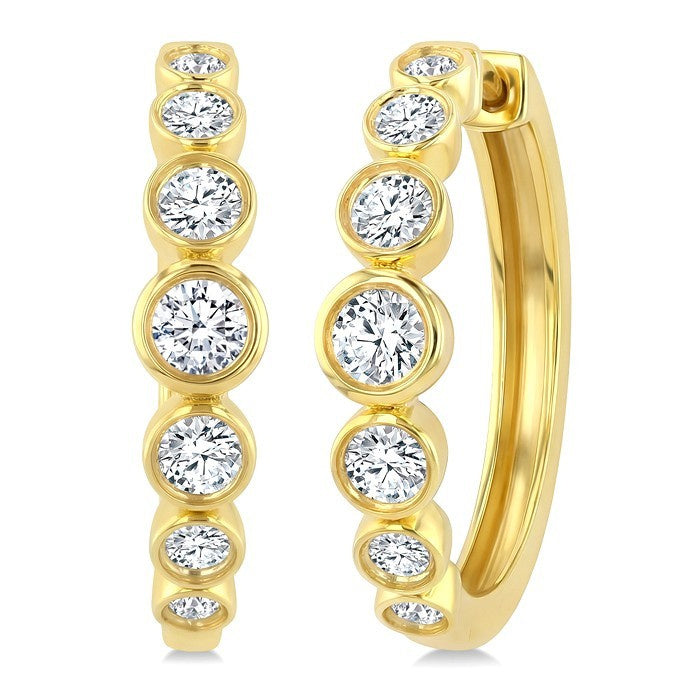 1 1/10 Ctw Graduated Bezel Set Round Cut Diamond Fashion Hoop Earrings in 14K Yellow Gold