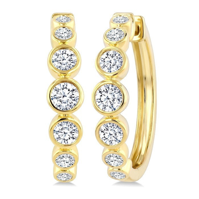 3/4 Ctw Bezel Set Round Cut Diamond Graduated Fashion Hoop Earrings in 14K Yellow Gold