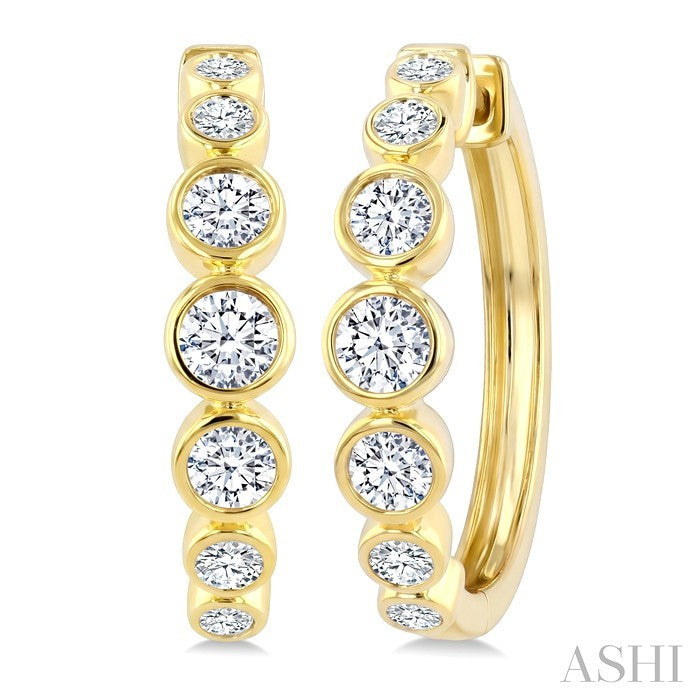 3/4 Ctw Bezel Set Round Cut Diamond Graduated Fashion Hoop Earrings in 14K Yellow Gold