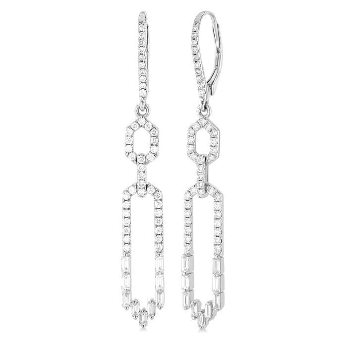 1 1/5 Ctw Paperclip Baguette and Round Cut Diamond Long Fashion Earrings in 14K White Gold