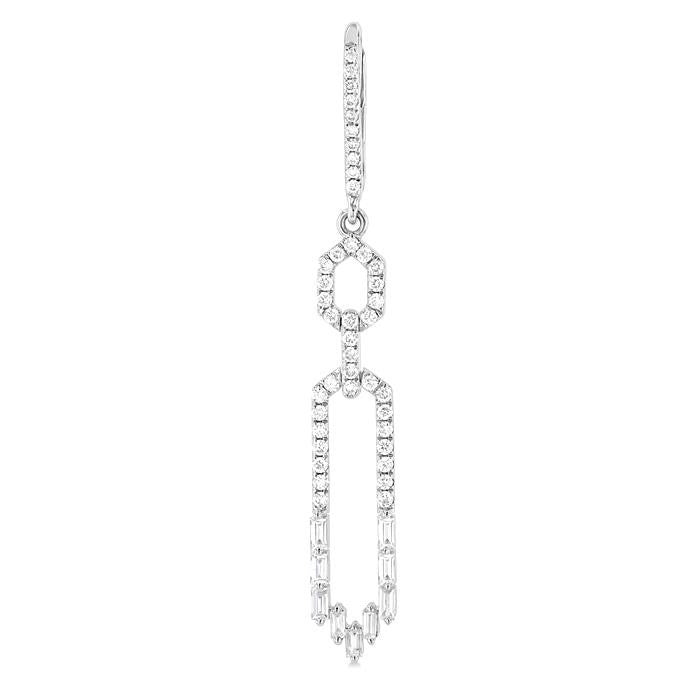 1 1/5 Ctw Paperclip Baguette and Round Cut Diamond Long Fashion Earrings in 14K White Gold