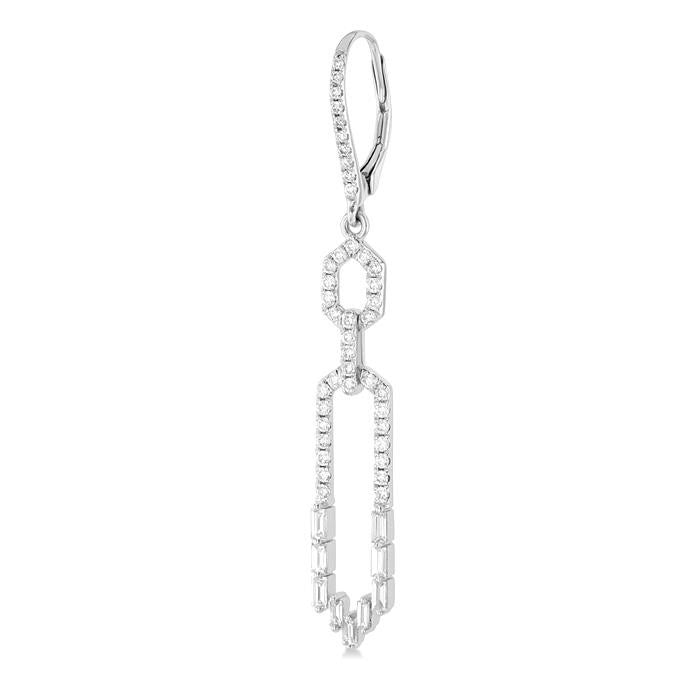 1 1/5 Ctw Paperclip Baguette and Round Cut Diamond Long Fashion Earrings in 14K White Gold