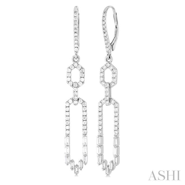 1 1/5 Ctw Paperclip Baguette and Round Cut Diamond Long Fashion Earrings in 14K White Gold