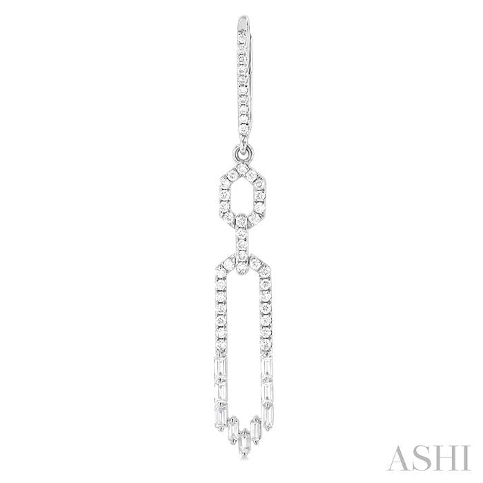 1 1/5 Ctw Paperclip Baguette and Round Cut Diamond Long Fashion Earrings in 14K White Gold
