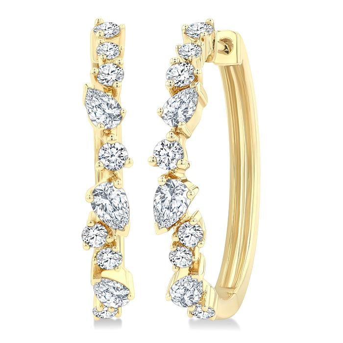 3/4 Ctw Round & Pear Diamond Cut Scatter Fashion Hoop Earrings in 14K Yellow Gold