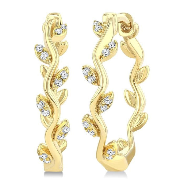 1/10 Ctw Round Cut Diamond Leaf Design Lightweight Hoop Earrings in 10K Yellow Gold