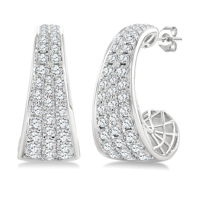 1 1/2 Ctw Wide Base Pave Set Round Cut Diamond Fashion Half Hoop Earrings in 14K White Gold