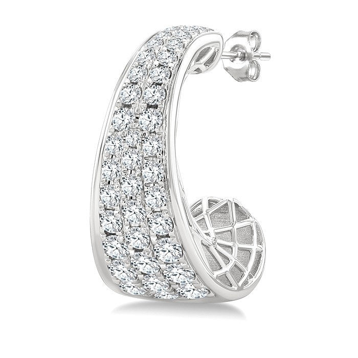 1 1/2 Ctw Wide Base Pave Set Round Cut Diamond Fashion Half Hoop Earrings in 14K White Gold