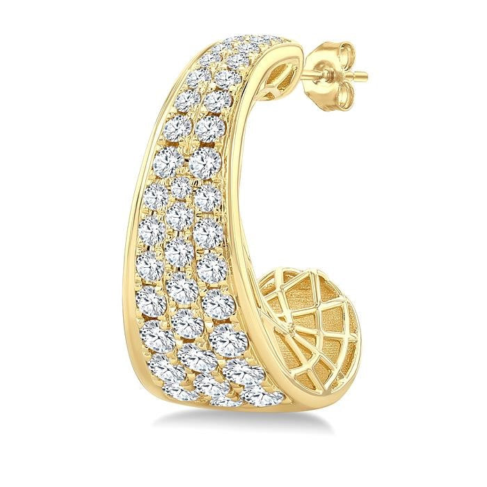 1 1/2 Ctw Wide Base Pave Set Round Cut Diamond Fashion Half Hoop Earrings in 14K Yellow Gold