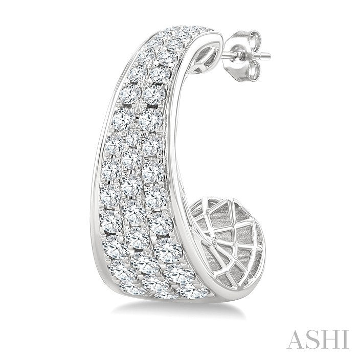 1 1/2 Ctw Wide Base Pave Set Round Cut Diamond Fashion Half Hoop Earrings in 14K White Gold