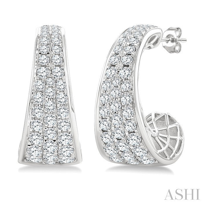 1 1/2 Ctw Wide Base Pave Set Round Cut Diamond Fashion Half Hoop Earrings in 14K White Gold