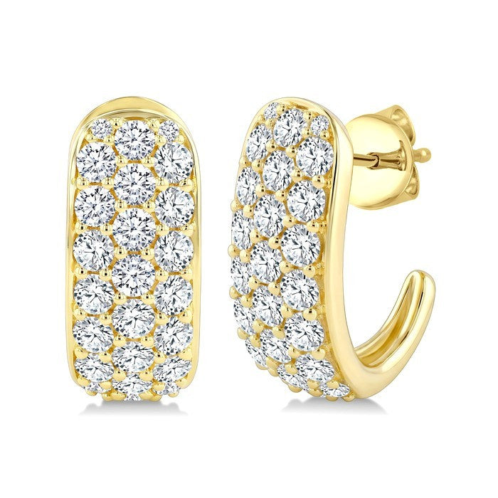 2 Ctw Triple Row Round Cut Diamond Fashion Half Hoop Earrings in 14K Yellow Gold