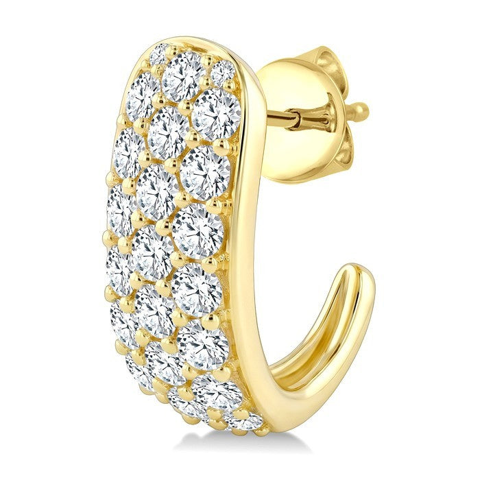 2 Ctw Triple Row Round Cut Diamond Fashion Half Hoop Earrings in 14K Yellow Gold