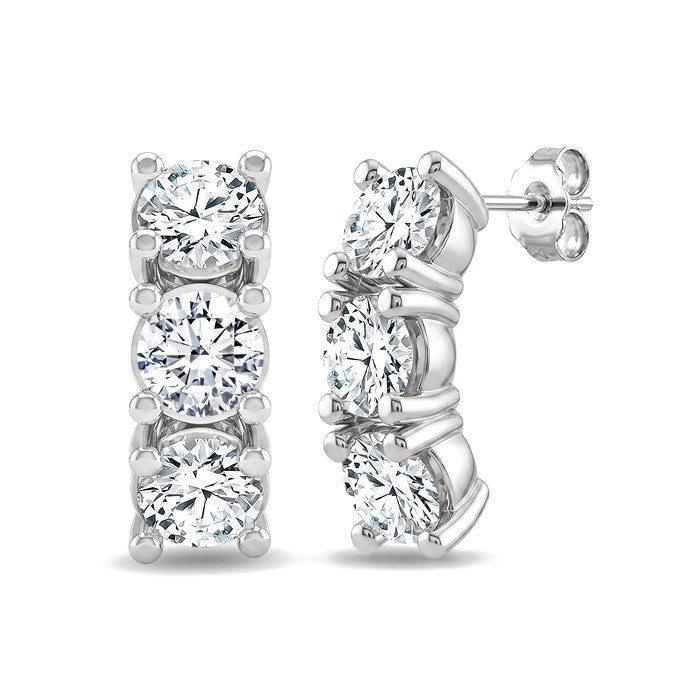 1 1/4 Ctw 3-Stone Round Cut Diamond Fashion Earrings in 14K White Gold