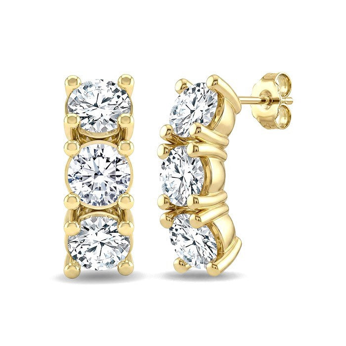 1 1/4 Ctw 3-Stone Round Cut Diamond Fashion Earrings in 14K Yellow Gold