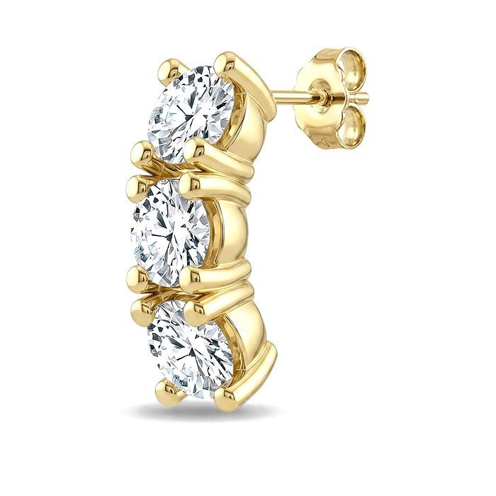 1 1/4 Ctw 3-Stone Round Cut Diamond Fashion Earrings in 14K Yellow Gold