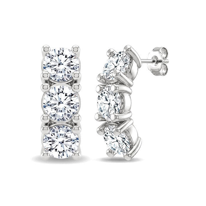 1 Ctw 3-Stone Round Cut Diamond Fashion Earrings in 14K White Gold