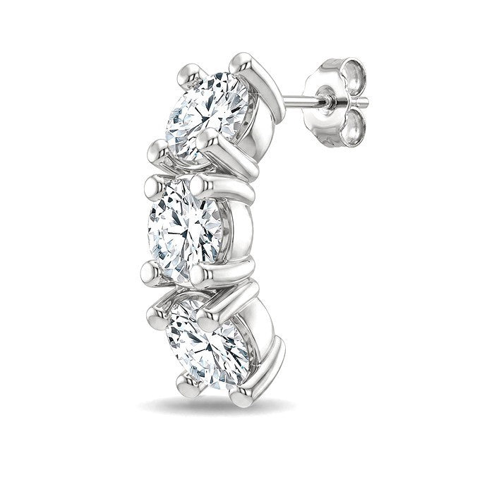 1 Ctw 3-Stone Round Cut Diamond Fashion Earrings in 14K White Gold