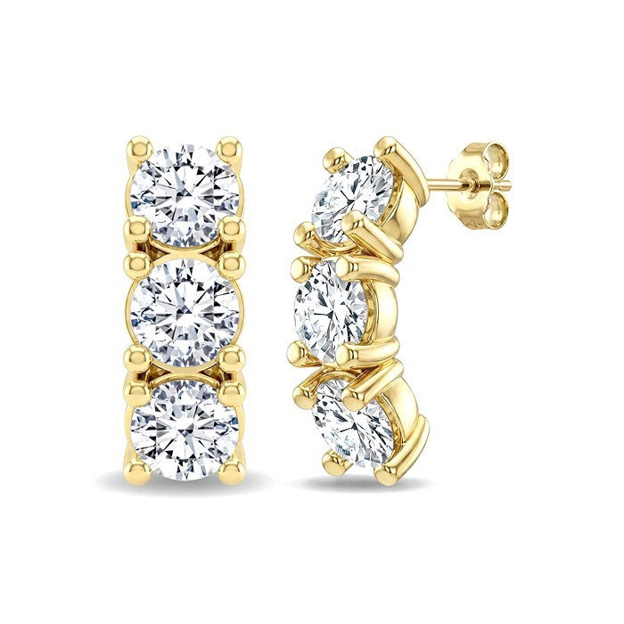 1 Ctw 3-Stone Round Cut Diamond Fashion Earrings in 14K Yellow Gold