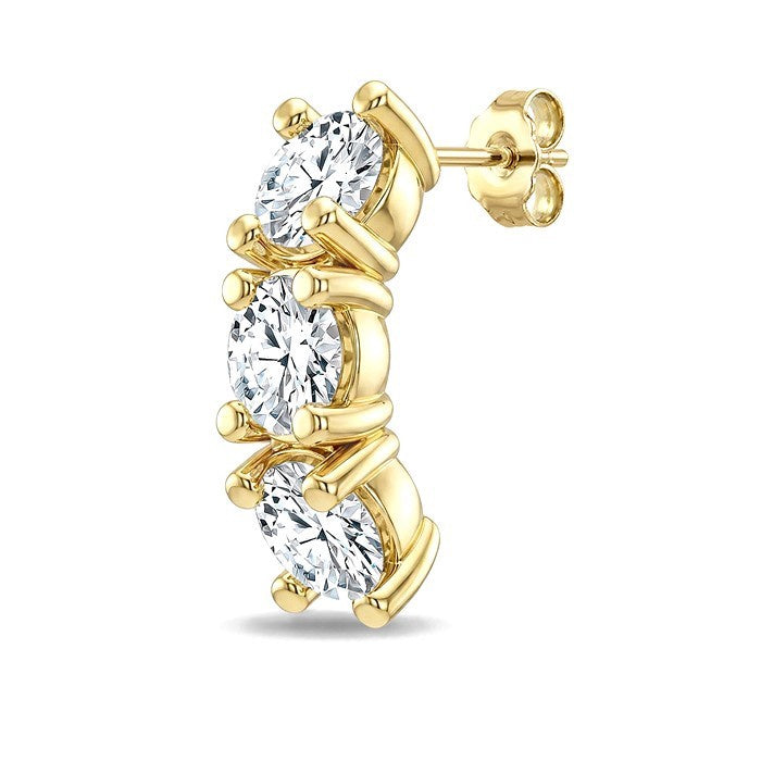 1 Ctw 3-Stone Round Cut Diamond Fashion Earrings in 14K Yellow Gold