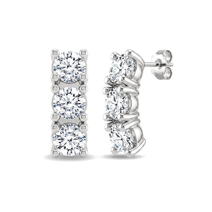 1/2 Ctw 3-Stone Round Cut Diamond Fashion Earrings in 14K White Gold