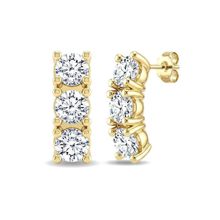1/2 Ctw 3-Stone Round Cut Diamond Fashion Earrings in 14K Yellow Gold