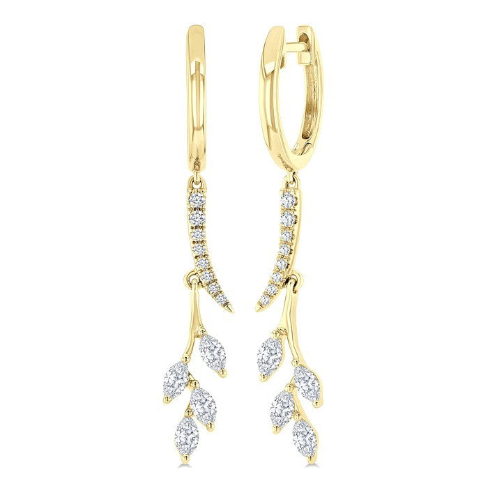 1/2 Ctw Marquise and Round Cut Diamond Leaf Dangler Hoop Earrings in 14K Yellow Gold