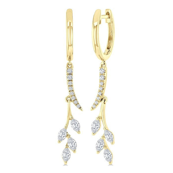 1/2 Ctw Marquise and Round Cut Diamond Leaf Dangler Hoop Earrings in 14K Yellow Gold