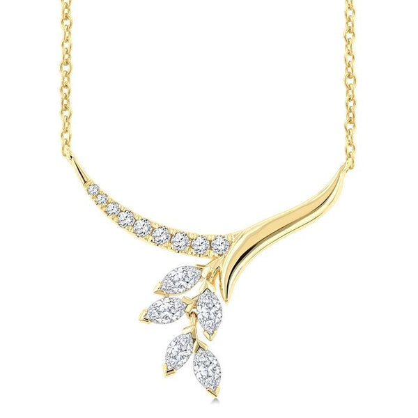 1/3 Ctw Leaf Stem Drop Marquise and Round cut Diamond Fashion Necklace in 14K Yellow Gold