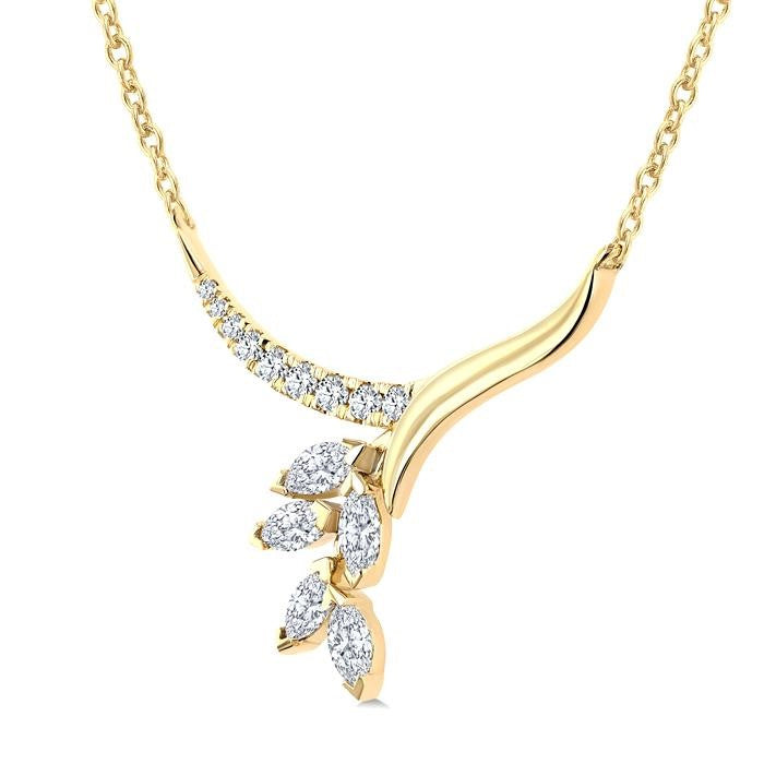 1/3 Ctw Leaf Stem Drop Marquise and Round cut Diamond Fashion Necklace in 14K Yellow Gold
