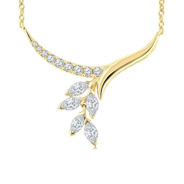 1/3 Ctw Leaf Stem Drop Marquise and Round cut Diamond Fashion Necklace in 14K Yellow Gold