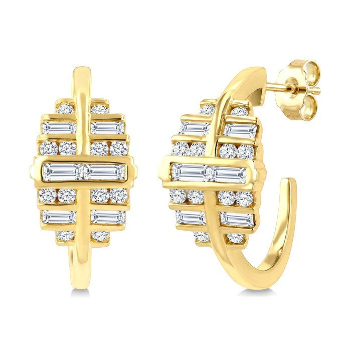 1/2 Ctw Fusion Baguette and Round Cut Diamond Fashion Half Hoop Earrings in 14K Yellow Gold