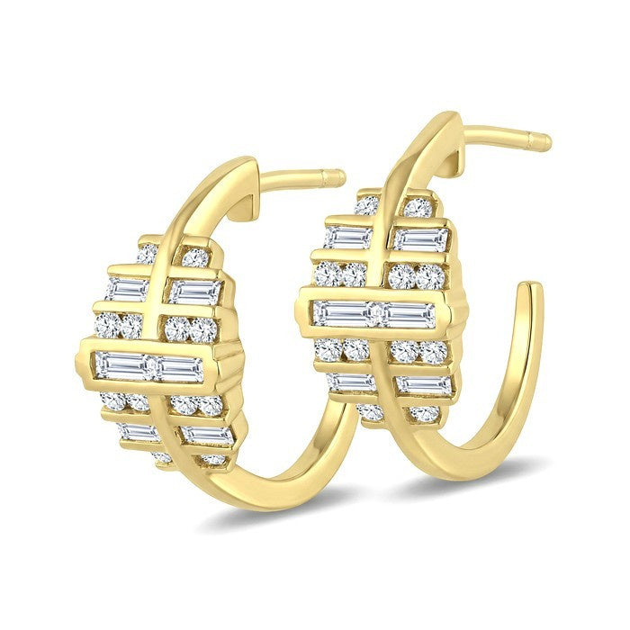 1/2 Ctw Fusion Baguette and Round Cut Diamond Fashion Half Hoop Earrings in 14K Yellow Gold