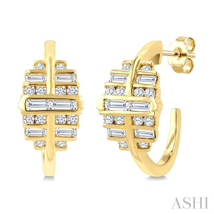 1/2 Ctw Fusion Baguette and Round Cut Diamond Fashion Half Hoop Earrings in 14K Yellow Gold