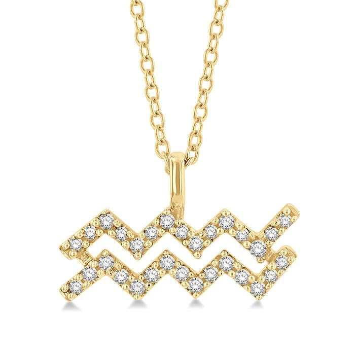1/10 Ctw Aquarius Round Cut Diamond Zodiac Pendant With Chain in 10K Yellow Gold