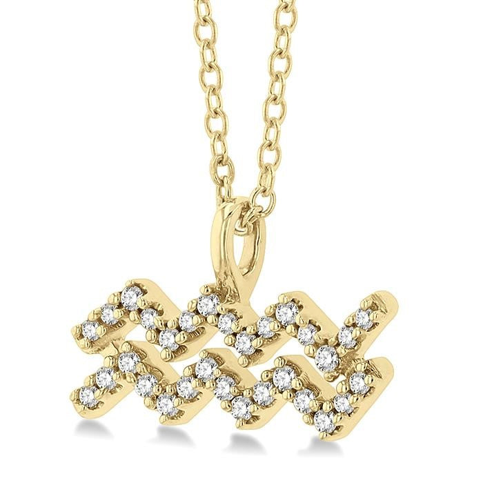 1/10 Ctw Aquarius Round Cut Diamond Zodiac Pendant With Chain in 10K Yellow Gold