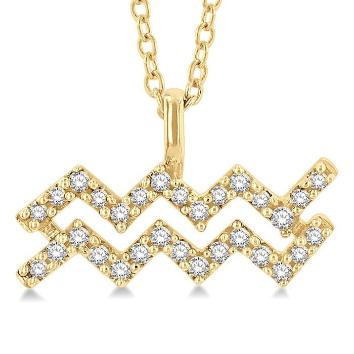 1/10 Ctw Aquarius Round Cut Diamond Zodiac Pendant With Chain in 10K Yellow Gold