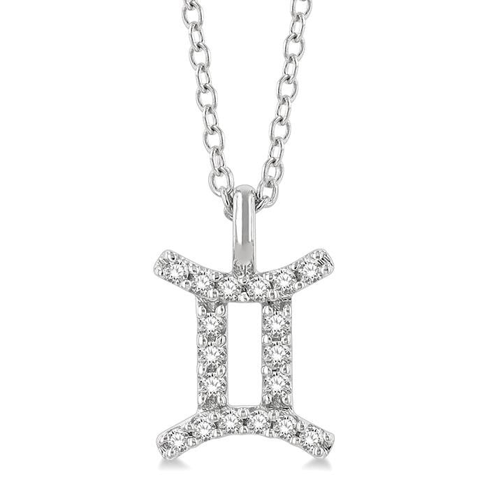 1/10 Ctw Gemini Round Cut Diamond Zodiac Pendant With Chain in 10K White Gold