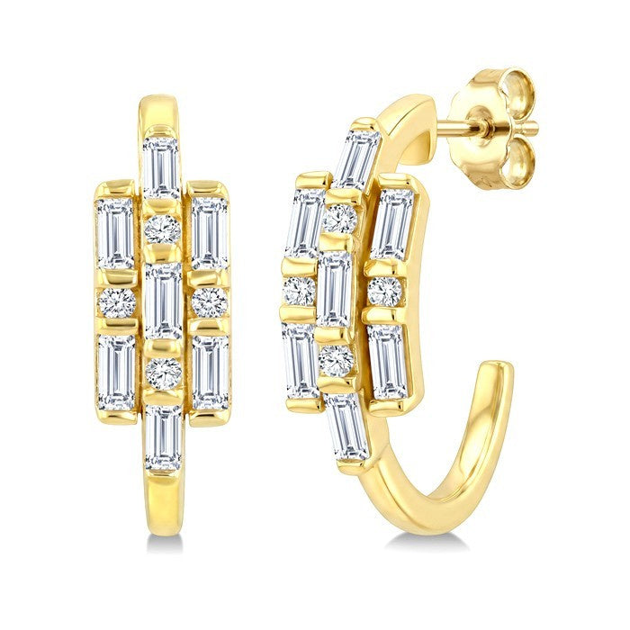 1/2 Ctw Fusion Baguette and Round Cut Diamond Fashion Half Hoop Earrings in 14K Yellow Gold
