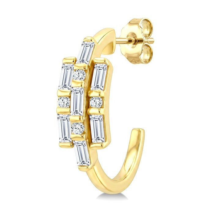 1/2 Ctw Fusion Baguette and Round Cut Diamond Fashion Half Hoop Earrings in 14K Yellow Gold