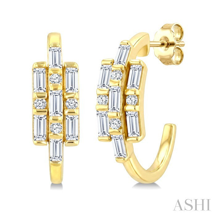 1/2 Ctw Fusion Baguette and Round Cut Diamond Fashion Half Hoop Earrings in 14K Yellow Gold