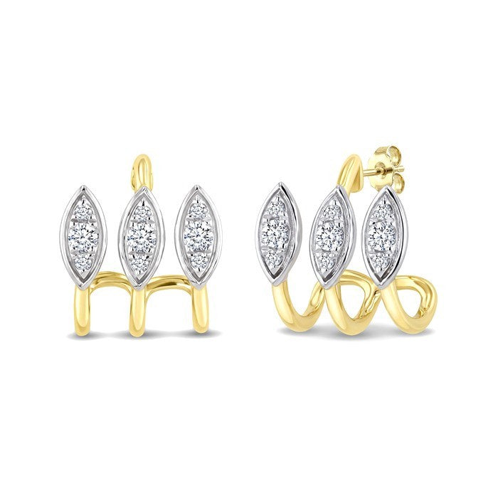 1/5 Ctw Round Cut Diamond Marquise Shape 3 Row Fashion Earrings in 10K Yellow and White Gold