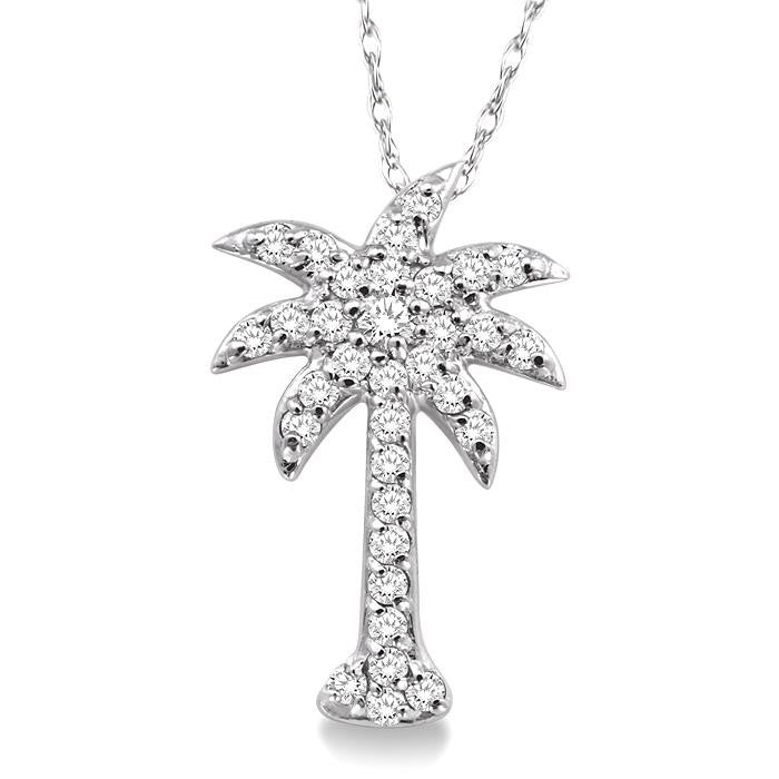 1/5 Ctw Palm Tree Round Cut Diamond Pendant in 14K White Gold with Chain