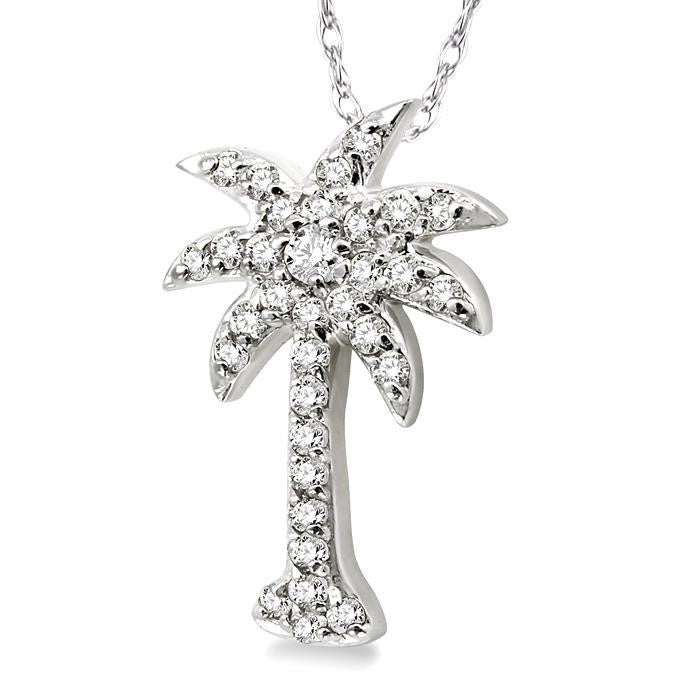 1/5 Ctw Palm Tree Round Cut Diamond Pendant in 14K White Gold with Chain