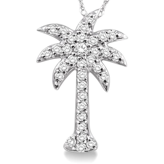 1/5 Ctw Palm Tree Round Cut Diamond Pendant in 14K White Gold with Chain