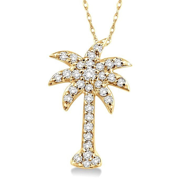 1/5 Ctw Palm Tree Round Cut Diamond Pendant in 14K Yellow Gold with Chain