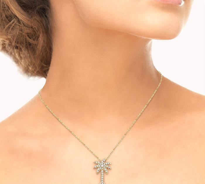1/5 Ctw Palm Tree Round Cut Diamond Pendant in 14K Yellow Gold with Chain