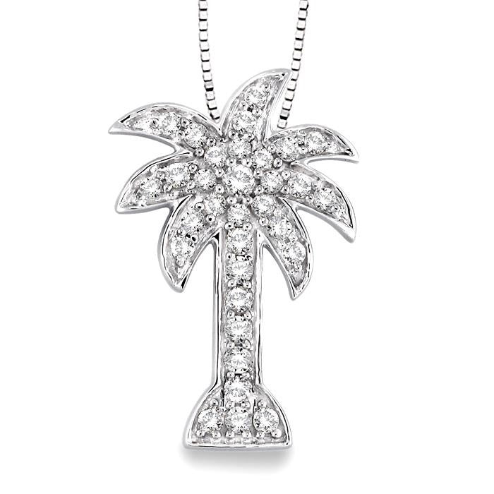 1/2 Ctw Round Cut Diamond Palm Tree Pendant in 14K White Gold with Chain