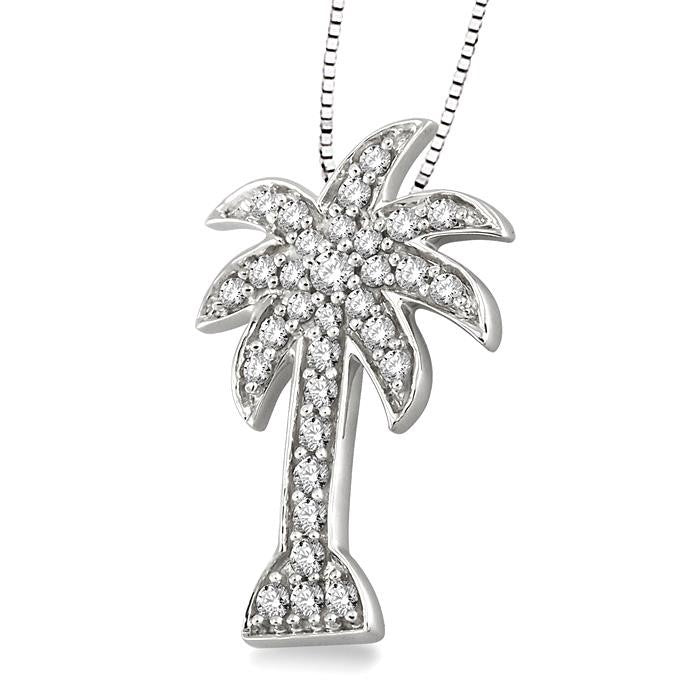 1/2 Ctw Round Cut Diamond Palm Tree Pendant in 14K White Gold with Chain