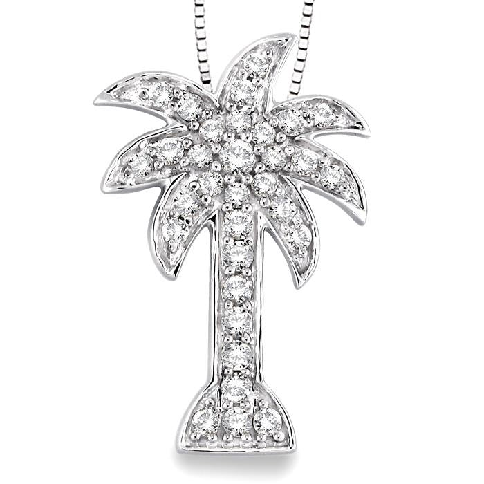 1/2 Ctw Round Cut Diamond Palm Tree Pendant in 14K White Gold with Chain